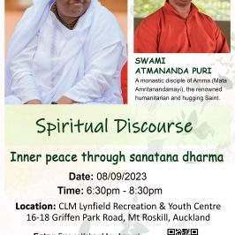 “Inner Peace Through Sanatana Dharma” Spiritual Discourse With Swami Atmananda Puri- AUCKLAND – Friday 8th September 2023